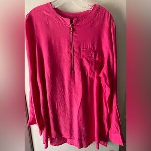 JONES NEW YORK LINEN TUNIC 1/2 ZIP W/ 2 POCKETS & ROLL UP L/S IN HOT PINK SZ L